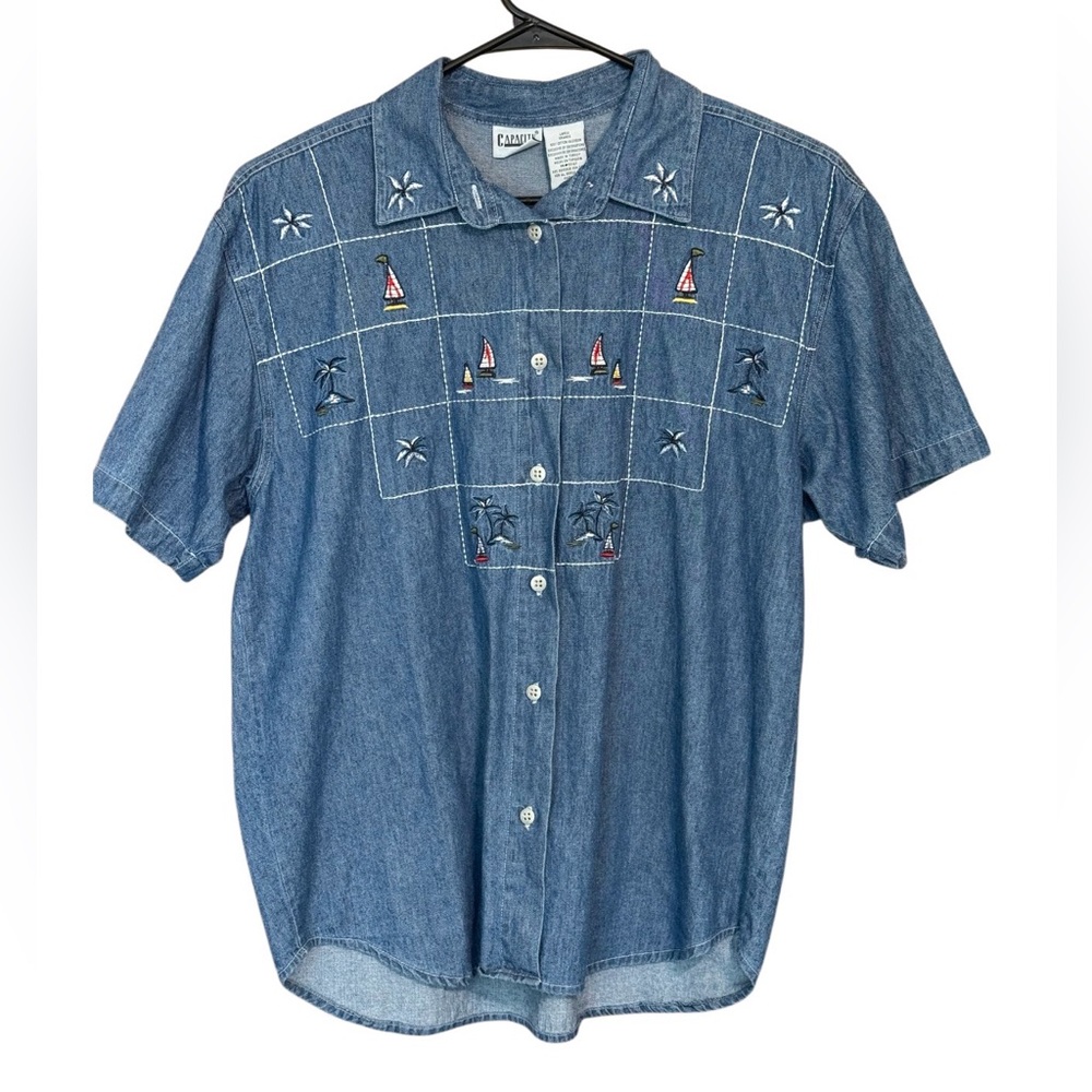 Vintage Capacity Denim Button Up Shirt Sailboat Embroidered L
